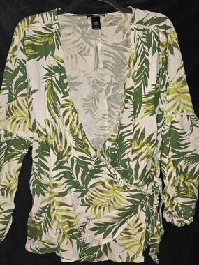 Ashley Stewart Palm Print Shirt in Green